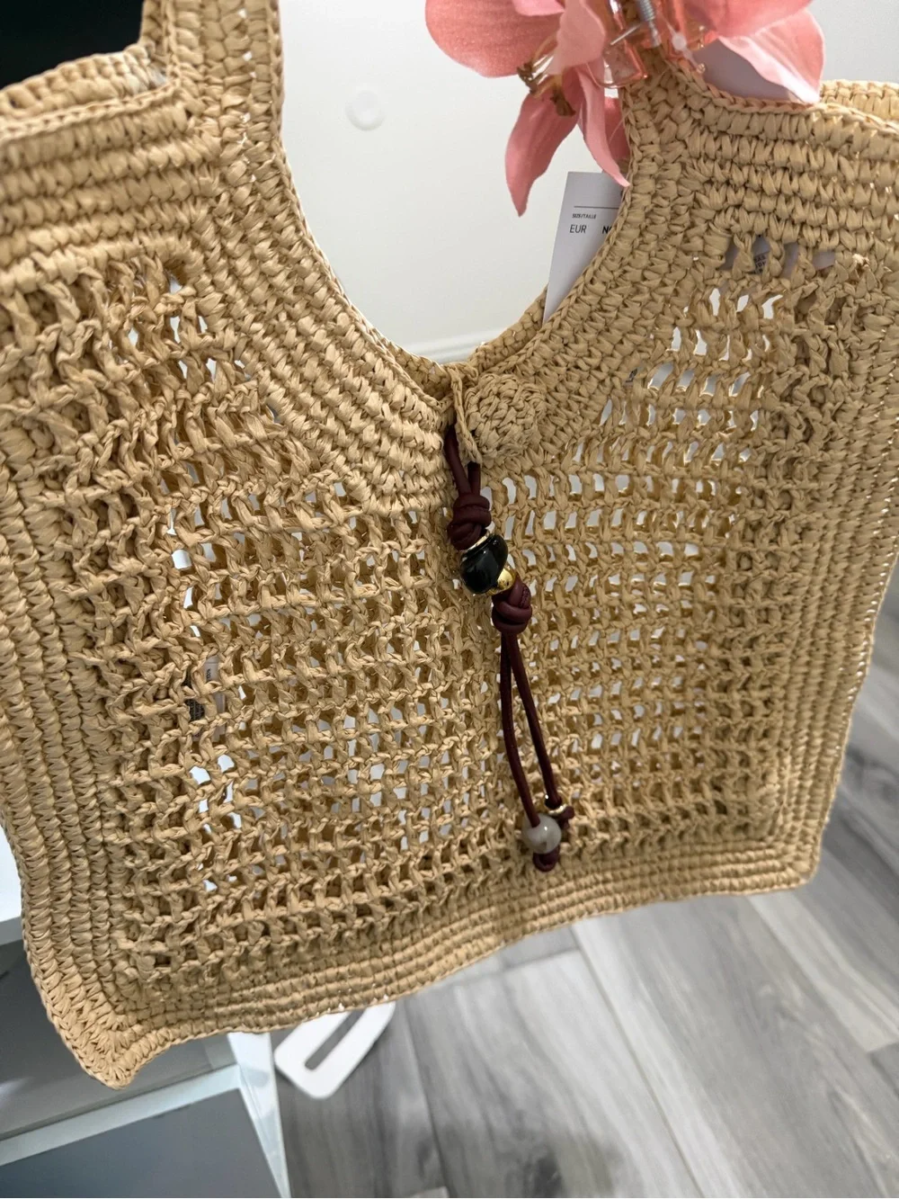 H&M Natural Straw Tote with Pink Floral Accent